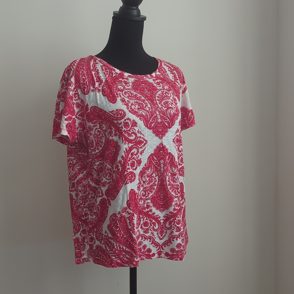 Lucky Brand Red Damask Paisley Print Short Sleeve Tee Top LARGE